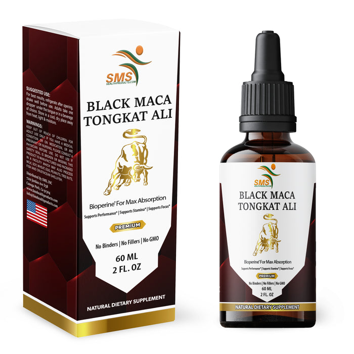 Black Maca, Tongkat Ali & Black Pepper | Premium Grade | Herbal Liquid Extract Drops | Non-GMO, Organic, Vegan, Alcohol Free Tincture | Supports Performance, Energy & Stamina | 2 Fl Oz (60ml)