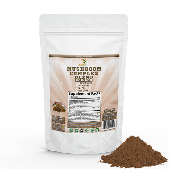 Mushroom Complex Blend Supplement 50% Polysaccharides Powder 100g - Lion's Mane, Reishi Ganoderma, Turkey Tail, Complex - Brain, Energy, Focus