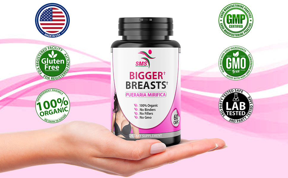 Bigger Breasts by SMS Pueraria Mirifica Supplement 500mg Root Extract Powder Veggie Capsules Promotes Women's Health, Organic Natural Herbal