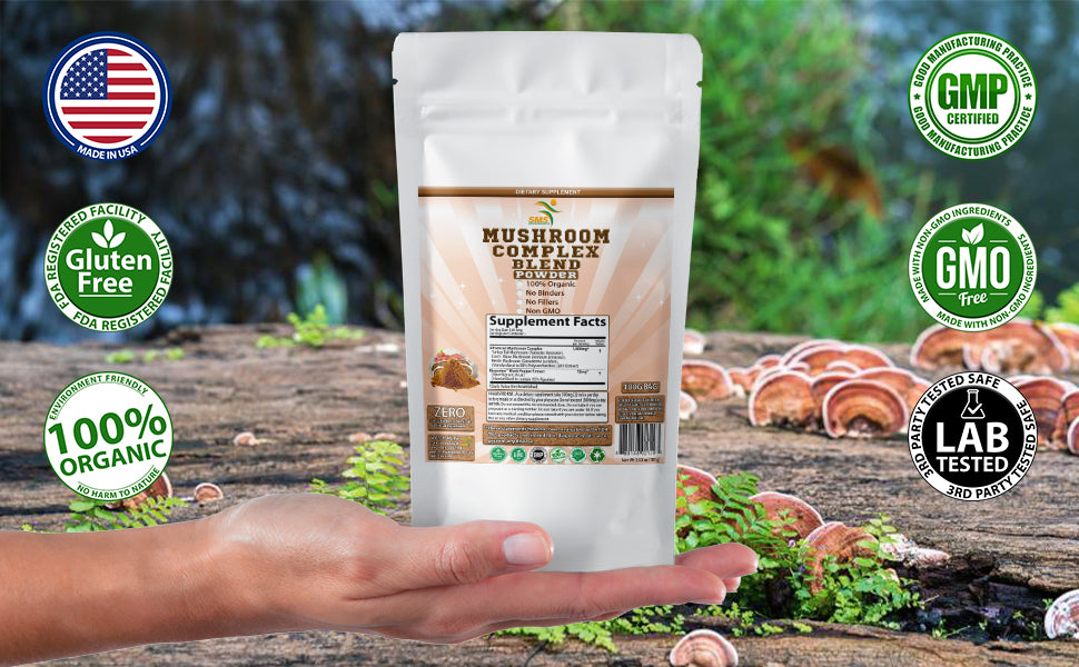 Mushroom Complex Blend Supplement 50% Polysaccharides Powder 100g - Lion's Mane, Reishi Ganoderma, Turkey Tail, Complex - Brain, Energy, Focus