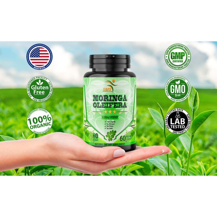 Moringa Capsules Equiv to 10,000 mg Moringa Powder - Immune Support Green Superfood Moringa Oleifera Pills Rich Antioxidant Properties Vegan Friendly Anti Aging Support - 60 Veggie Capsules by SMS