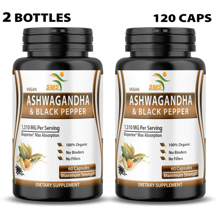 Ashwagandha Extra Strength, Stress & Mood Support with BioPerine - Non GMO, Organic, Gluten-Free, 60 Vegetarian Capsules