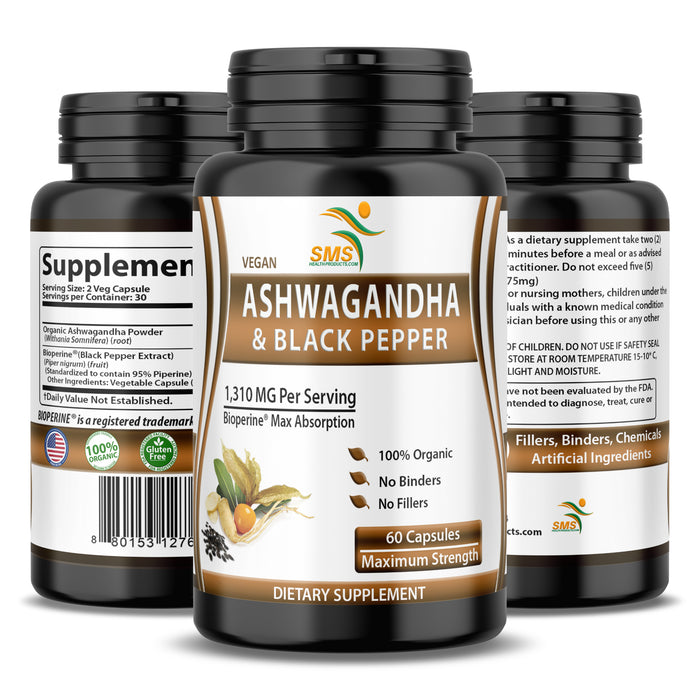 Ashwagandha Extra Strength, Stress & Mood Support with BioPerine - Non GMO, Organic, Gluten-Free, 60 Vegetarian Capsules