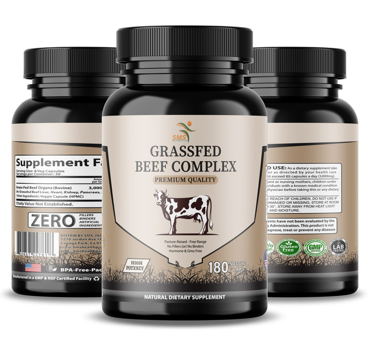 Beef Organ Supplement - Grass Fed & Pasture Raised - Total Body Wellness & Performance, Organ Complex with 3000mg of Desiccated Beef Liver, Heart, Kidney, Pancreas, Spleen (180 Capsules)