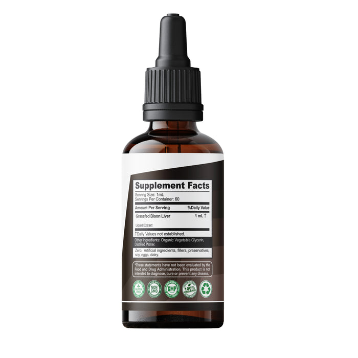 Grass Fed Bison Liver Tincture Supports Energy Production, Digestion, Detoxification, Immunity, Natural Iron Non-GMO - Health Supplement Herbal Drops 2 Fl Oz
