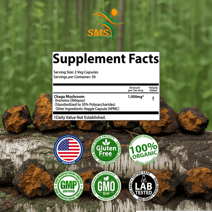 Chaga Mushroom Capsules 30% Polysaccharides - Organic Mushroom Supplement with Chaga Extract - Chaga Mushroom Powder for Energy, Digestion, & Immune Support - Mushroom Extract, Non-GMO, 60 Veggie Caps