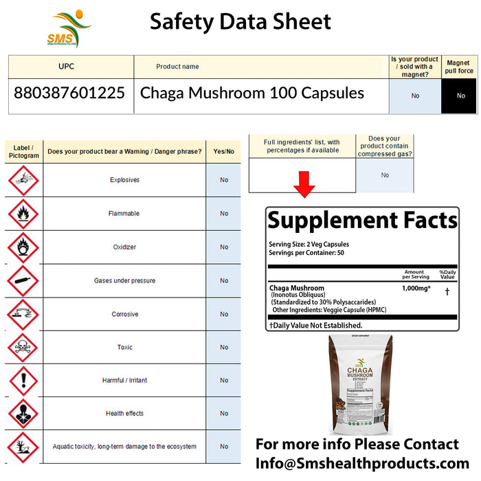 Chaga Mushroom Capsules 30% Polysaccharides - Organic Mushroom Supplement with Chaga Extract - Chaga Mushroom Powder for Energy, Digestion, & Immune Support - Mushroom Extract, Non-GMO, 60 Veggie Caps