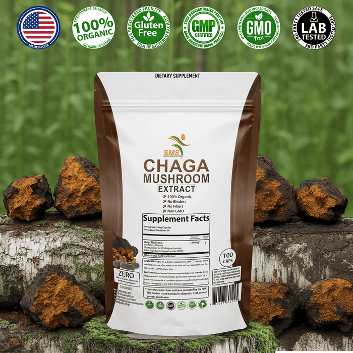 Chaga Mushroom Capsules 30% Polysaccharides - Organic Mushroom Supplement with Chaga Extract - Chaga Mushroom Powder for Energy, Digestion, & Immune Support - Mushroom Extract, Non-GMO, 60 Veggie Caps