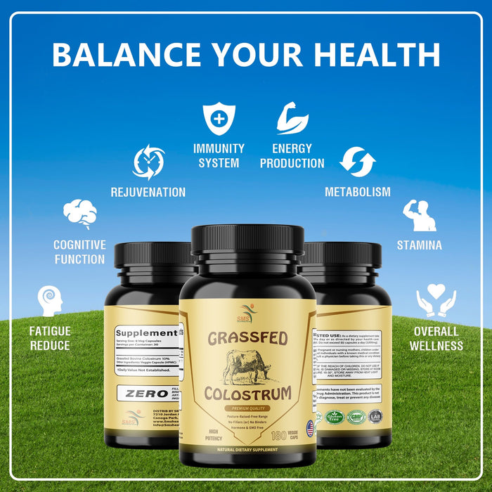 Grass Fed Beef Colostrum Supplement, 3000 mg, Offers Immune Support and Promotes Gut Health, Athletic Performance, Healthy Iron Levels, Non GMO, 180 Capsules
