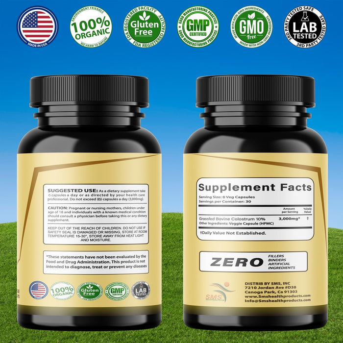 Grass Fed Beef Colostrum Supplement, 3000 mg, Offers Immune Support and Promotes Gut Health, Athletic Performance, Healthy Iron Levels, Non GMO, 180 Capsules