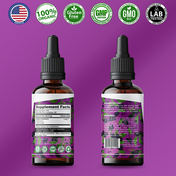 Elderberry Liquid Drops - Organic, No Fillers, No Binders - Immune Support Tincture Supplement for Adults - Vegan, Non-GMO, Gluten Free, Made in USA | 2 Fl Oz