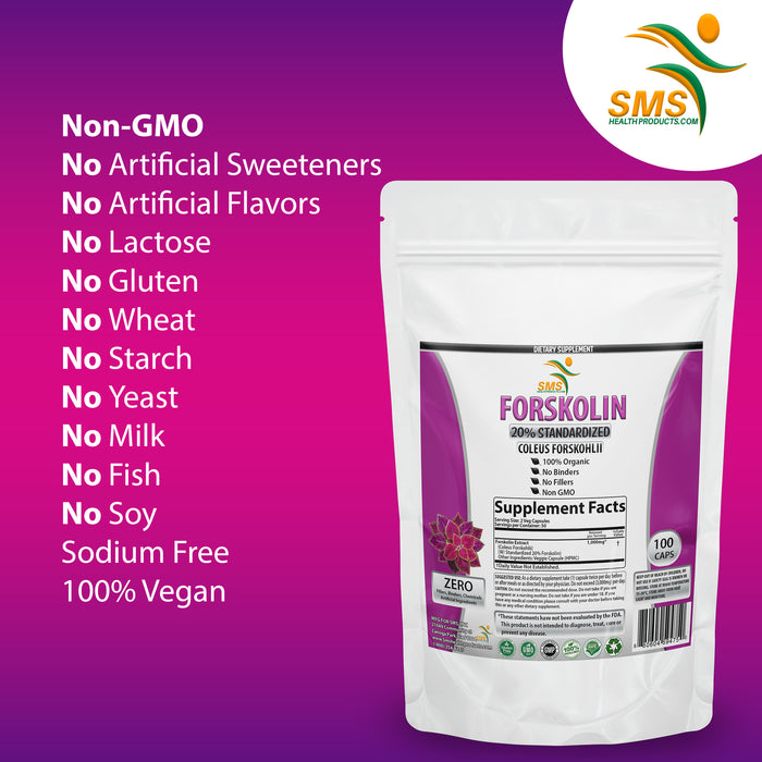 Pure Forskolin Extract Supplement with Potent Coleus Forskohlii 20% Standardized 1,000 mg for Enhanced Energy - Plant-Based Energy Supplements for Women and Men - 100 Veggie Capsules