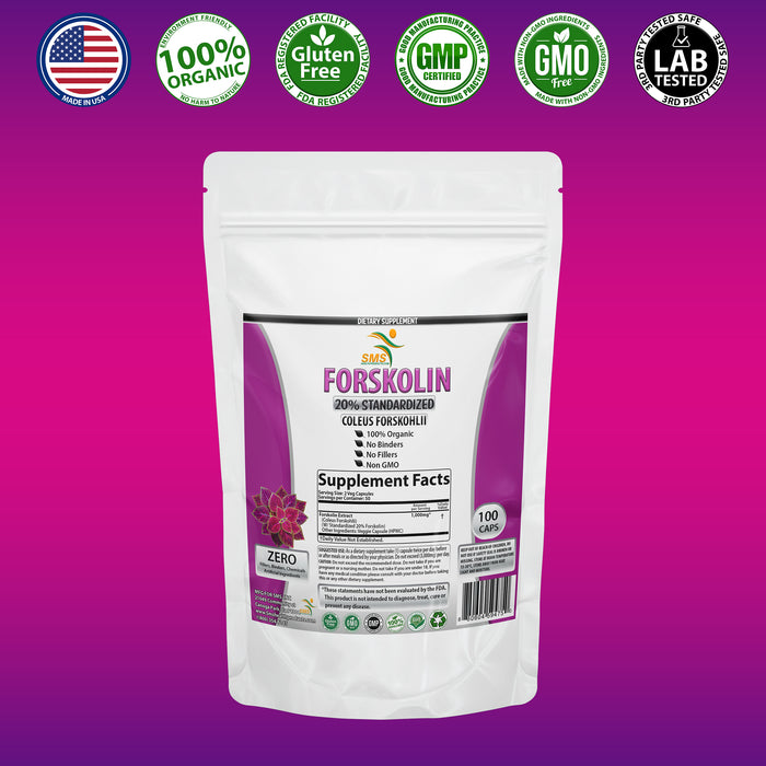 Pure Forskolin Extract Supplement with Potent Coleus Forskohlii 20% Standardized 1,000 mg for Enhanced Energy - Plant-Based Energy Supplements for Women and Men - 100 Veggie Capsules