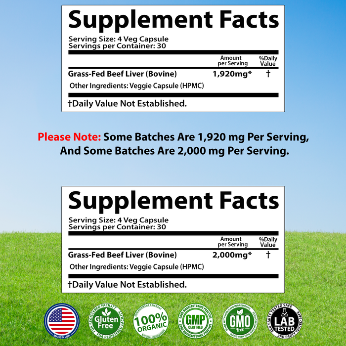 Grass Fed Desiccated Beef Liver Capsules (120 Pills, 480 - 500mg Each) - Natural Iron, Vitamin A, B12 for Energy - Humanely Pasture Raised Undefatted Without Hormones or Chemicals