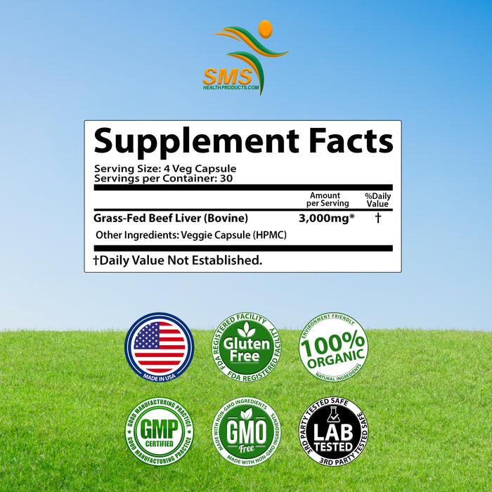 Grass Fed Desiccated Beef Liver Capsules (120 Pills, 750mg Each) - Natural Iron, Vitamin A, B12 for Energy - Humanely Pasture Raised Undefatted Without Hormones or Chemicals