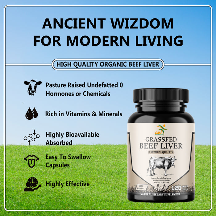 Grass Fed Desiccated Beef Liver Capsules (120 Pills, 750mg Each) - Natural Iron, Vitamin A, B12 for Energy - Humanely Pasture Raised Undefatted Without Hormones or Chemicals