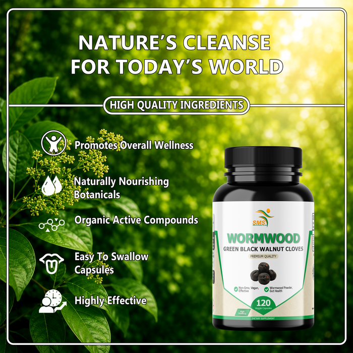 Wormwood Black Walnut & Clove Capsules, No Fillers, Herbal Cleanse Supplement for Digestive Support & Wellness, 120 Veggie Capsules
