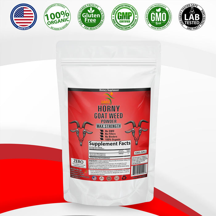 Maximum Strength Organic Horny Goat Weed by SMS for Men and Women, 100 Grams, Organic Epimedium Powder for Energy and Immune System Booster, Vegan