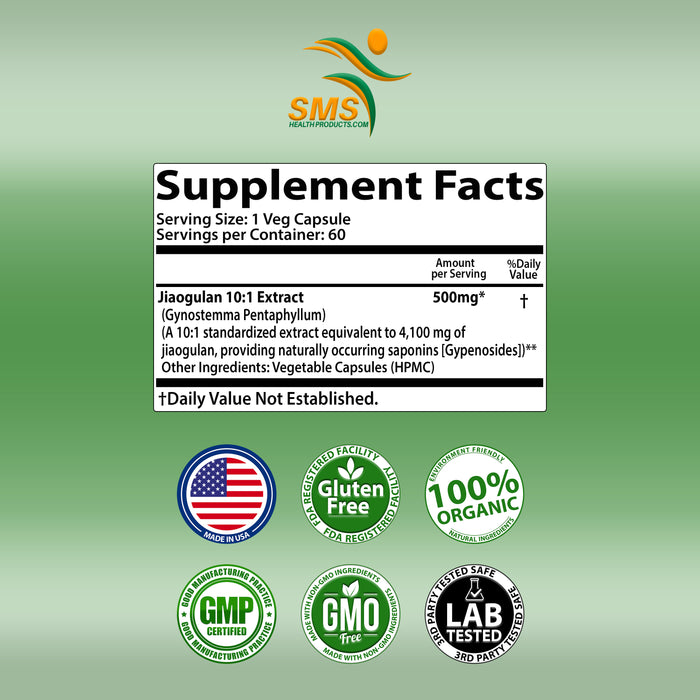 Jiaogulan Pills, 60 Veggie Capsules (Extract 10:1, Vegetarian, Non-GMO & Gluten-Free) Gynostemma AMPK Metabolic Activator Pentaphyllum