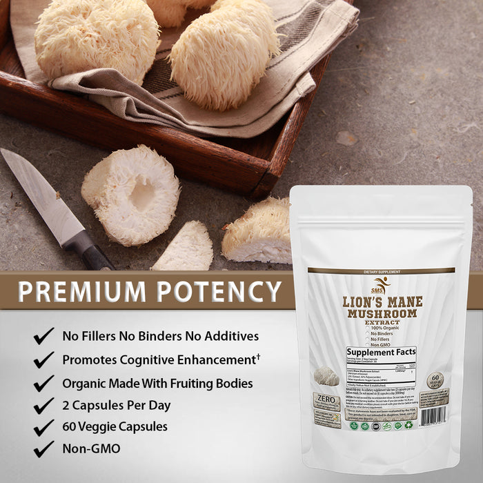 Lion's Mane Pills Mushroom Cognition Capsules (60 Capsules) Lions Mane Mushroom Powder Extract Capsules | Brain Supplement, Brain Vitamins, Focus Supplement
