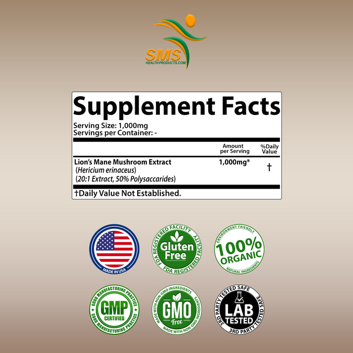 Lion's Mane Mushroom 50% Polysaccharides Cognition Lions Mane Mushroom Powder Extract 100G | Brain Supplement, Brain Vitamins, Focus Supplement