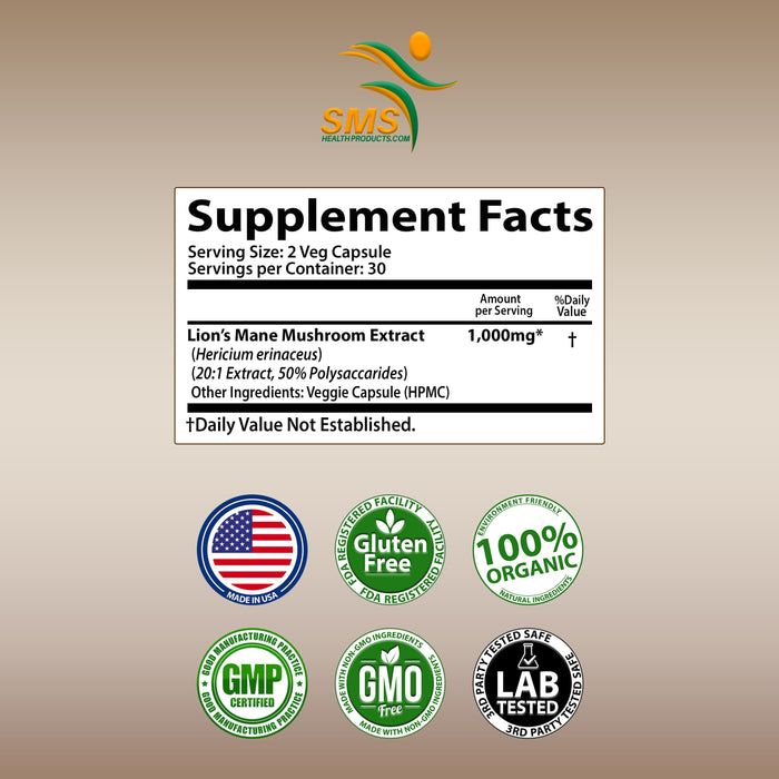 Lions Mane Mushroom Capsules (60 Capsules) Lions Mane Mushroom Powder Extract Capsules | Brain Supplement, Brain Vitamins, Focus Supplement