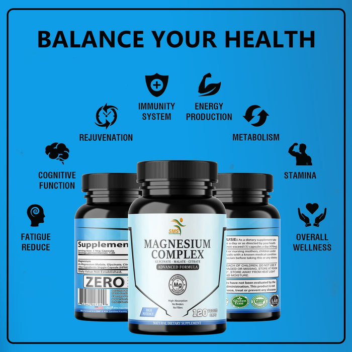 Magnesium Complex | 470mg of Magnesium Glycinate, Malate, & Citrate for Muscles, Nerves, & Energy | High Absorption | Vegan, Non-GMO | 120 Capsules