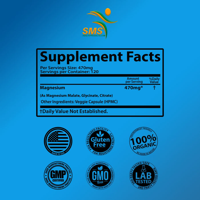 Magnesium Complex | 470mg of Magnesium Glycinate, Malate, & Citrate for Muscles, Nerves, & Energy | High Absorption | Vegan, Non-GMO | 120 Capsules