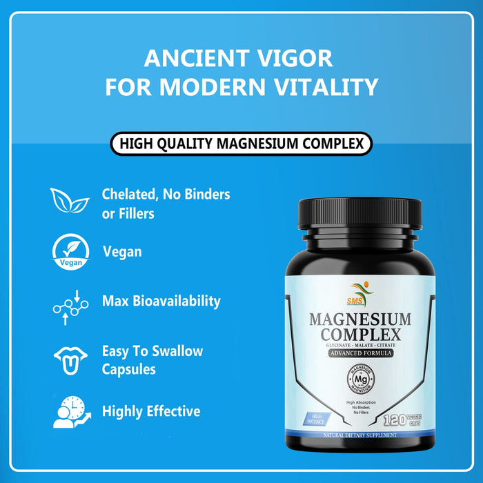 Magnesium Complex | 470mg of Magnesium Glycinate, Malate, & Citrate for Muscles, Nerves, & Energy | High Absorption | Vegan, Non-GMO | 120 Capsules