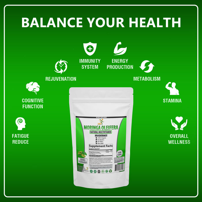 Moringa Oleifera 100 Veggie Capsules – 100% Pure Leaf Powder - 1000mg Per Serving - Complete Green Superfood Supplement - No Fillers, Binders - Pure Miracle Tree Moringa Super Greens Powder