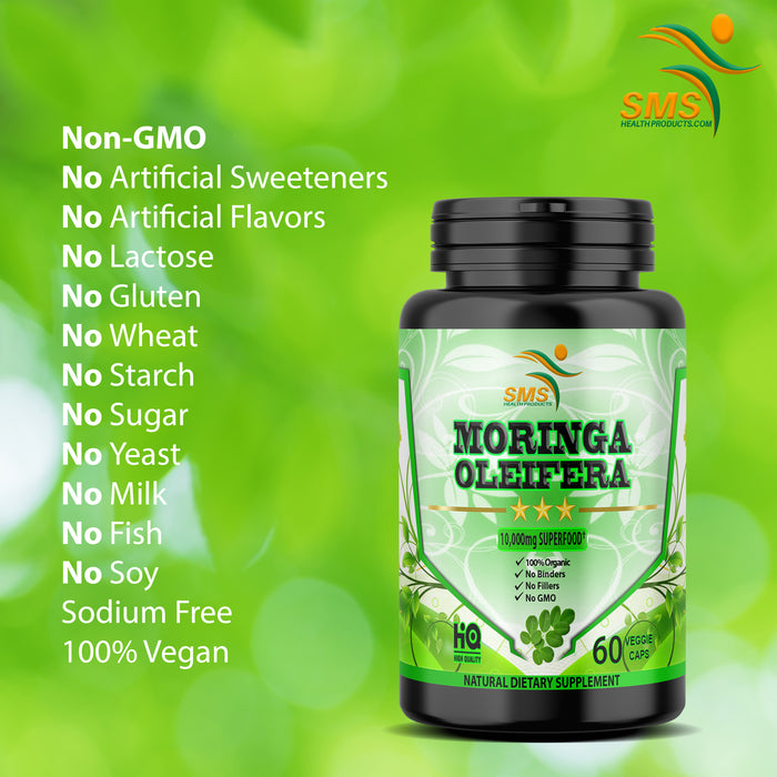 Moringa Capsules Equiv to 10,000 mg Moringa Powder - Immune Support Green Superfood Moringa Oleifera Pills Rich Antioxidant Properties Vegan Friendly Anti Aging Support - 60 Veggie Capsules by SMS