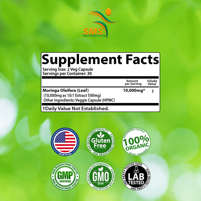 Moringa Capsules Equiv to 10,000 mg Moringa Powder - Immune Support Green Superfood Moringa Oleifera Pills Rich Antioxidant Properties Vegan Friendly Anti Aging Support - 60 Veggie Capsules by SMS