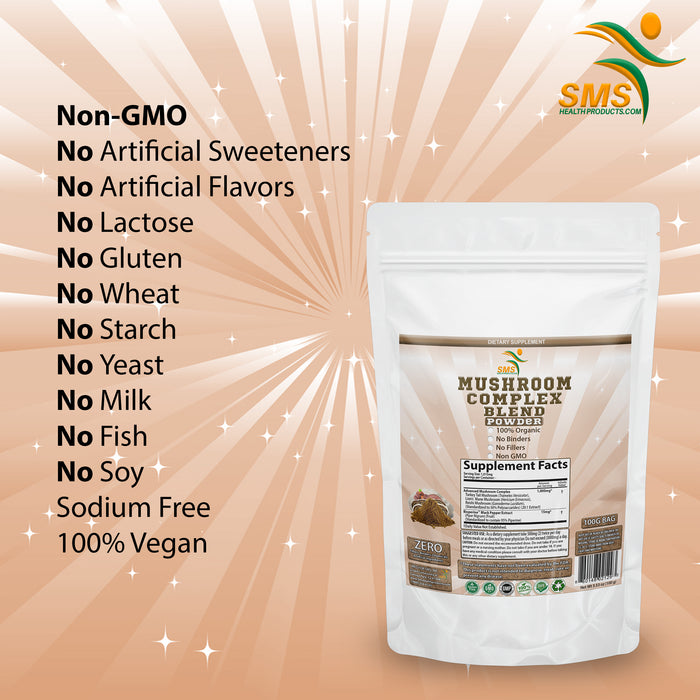 Mushroom Complex Blend Supplement 50% Polysaccharides Powder 100g - Lion's Mane, Reishi Ganoderma, Turkey Tail, Complex - Brain, Energy, Focus