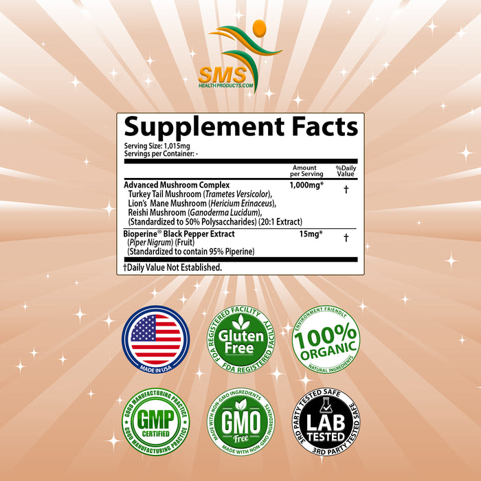 Mushroom Complex Blend Supplement 50% Polysaccharides Powder 100g - Lion's Mane, Reishi Ganoderma, Turkey Tail, Complex - Brain, Energy, Focus