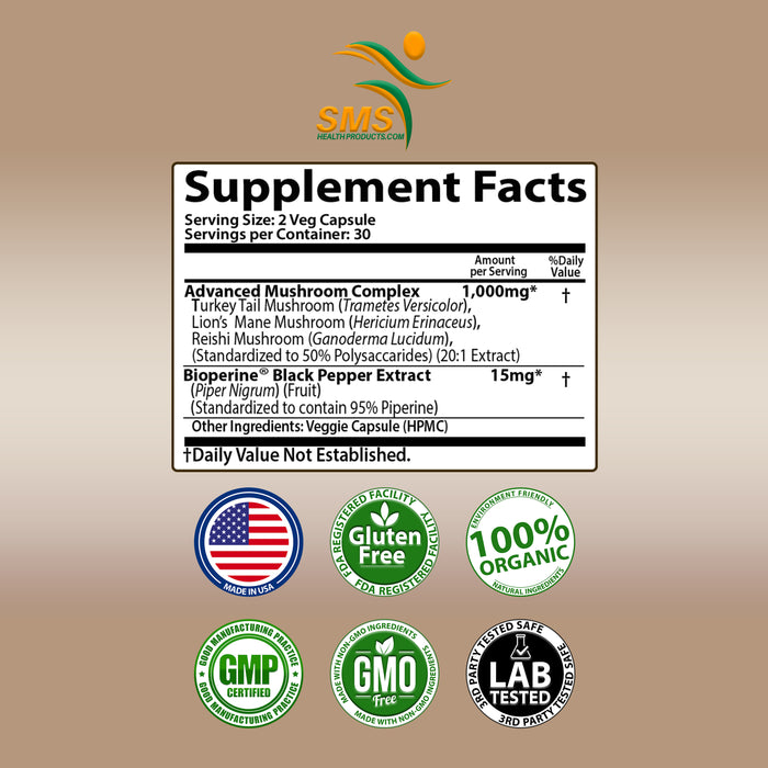 Mushroom Complex Pills Blend Supplement 50% polysaccharides - 60 Veggie Capsules - Lion's Mane, Reishi Ganoderma, Turkey Tail, Complex - Brain, Energy, Focus