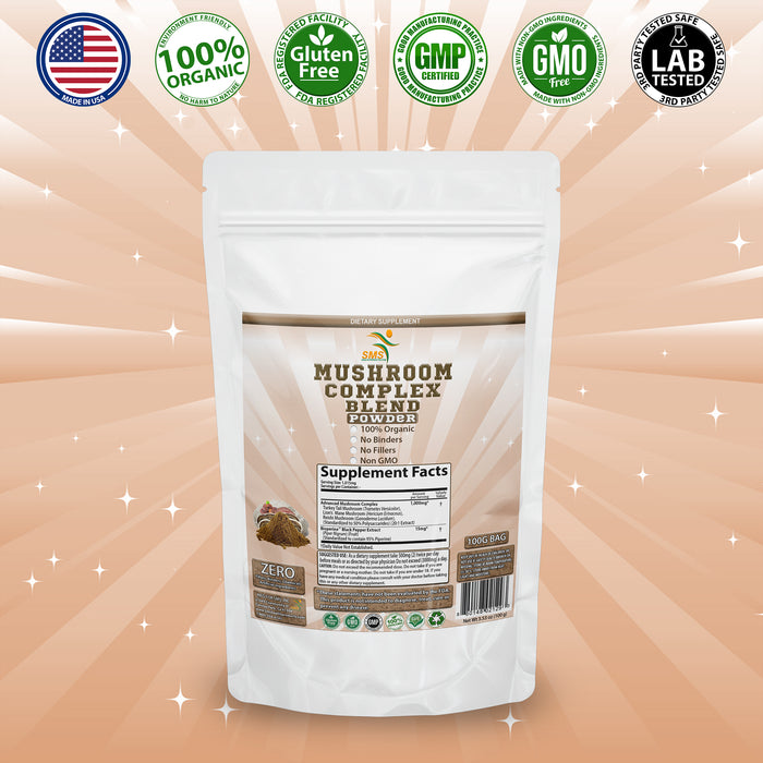 Mushroom Complex Blend Supplement 50% Polysaccharides Powder 100g - Lion's Mane, Reishi Ganoderma, Turkey Tail, Complex - Brain, Energy, Focus