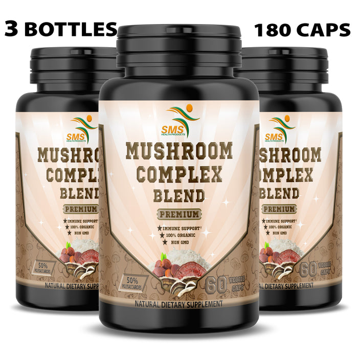Mushroom Complex Pills Blend Supplement 50% polysaccharides - 60 Veggie Capsules - Lion's Mane, Reishi Ganoderma, Turkey Tail, Complex - Brain, Energy, Focus