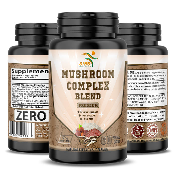 Mushroom Complex Pills Blend Supplement 50% polysaccharides - 60 Veggie Capsules - Lion's Mane, Reishi Ganoderma, Turkey Tail, Complex - Brain, Energy, Focus