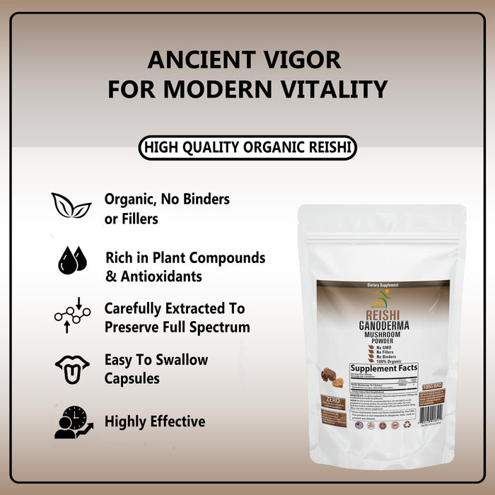 ORGANIC REISHI MUSHROOM GANODERMA 15:1 EXTRACT 60% POLYSACCHARIDES POWDER 100g