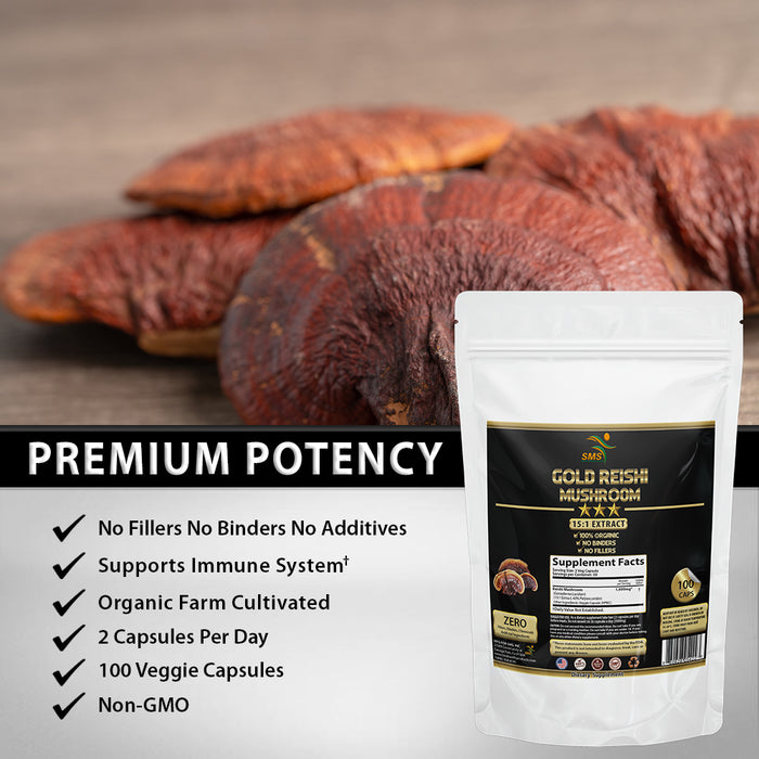 Reishi Extract Mushroom Pills (40% Polysaccharides) 1,000mg Per Serving - 100 Veggie Capsules for Longevity - Non-GMO Reishi Capsules for Improved Sleep and Relaxation By SMS