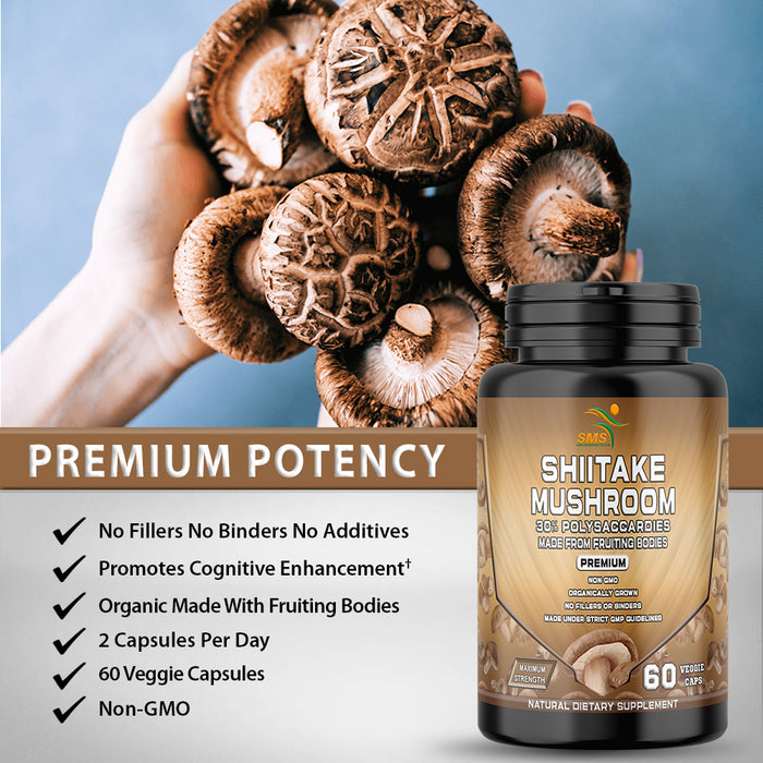 Shiitake Mushroom Pills - Dietary Supplement Extract with 30% Polysaccharides for Energy & Immune Support Vegan Supplement, Non-GMO, 60 Capsules