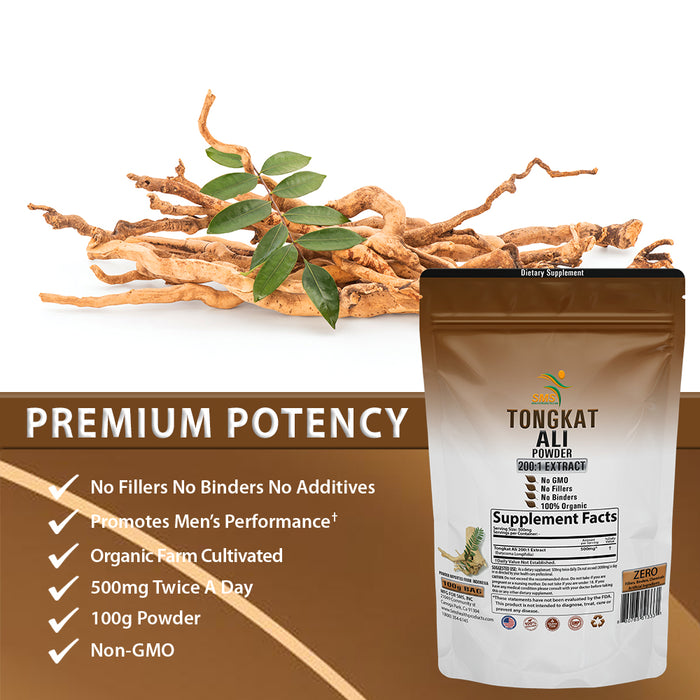 Tongkat Ali (LongJack) Extract 200:1 Concentrate Powder Maximum Strength by SMS, 100 Grams, Premium Longjack Supplement for Men and Women, Vegan