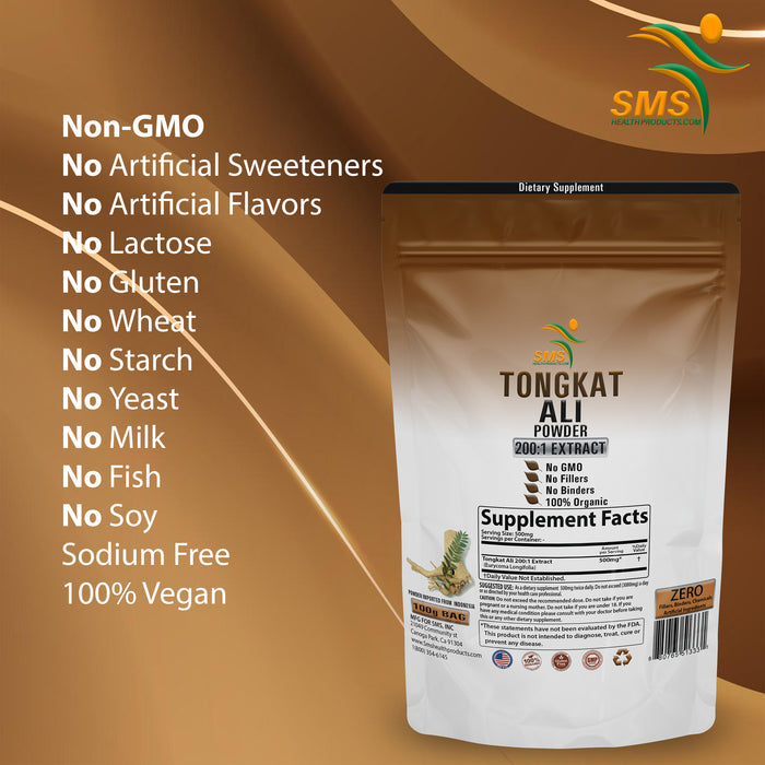 Tongkat Ali (LongJack) Extract 200:1 Concentrate Powder Maximum Strength by SMS, 100 Grams, Premium Longjack Supplement for Men and Women, Vegan