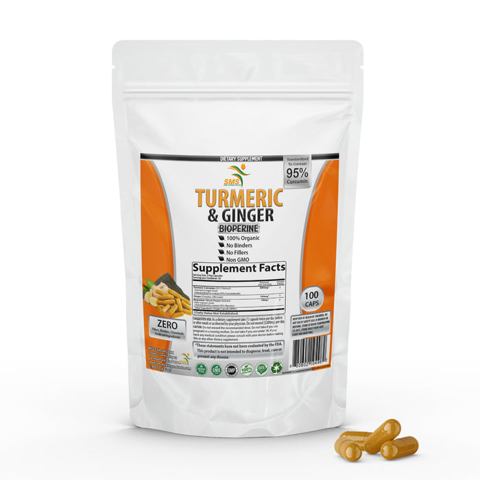 Turmeric Curcumin with Ginger, BioPerine Black Pepper, 95% Curcuminoids, 100 Veggie Capsules, Natural Joint Support & Antioxidant Support, Tumeric Supplement, Made in USA