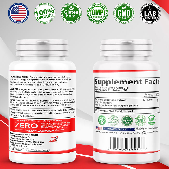 Tongkat Ali 200:1 as Long Jack Extract (Eurycoma Longifolia), 1000mg Per Serving, 60 Veggie Capsules, Supports Energy, Stamina and Immune System for Men and Women, Indonesia Origin, Non-GMO
